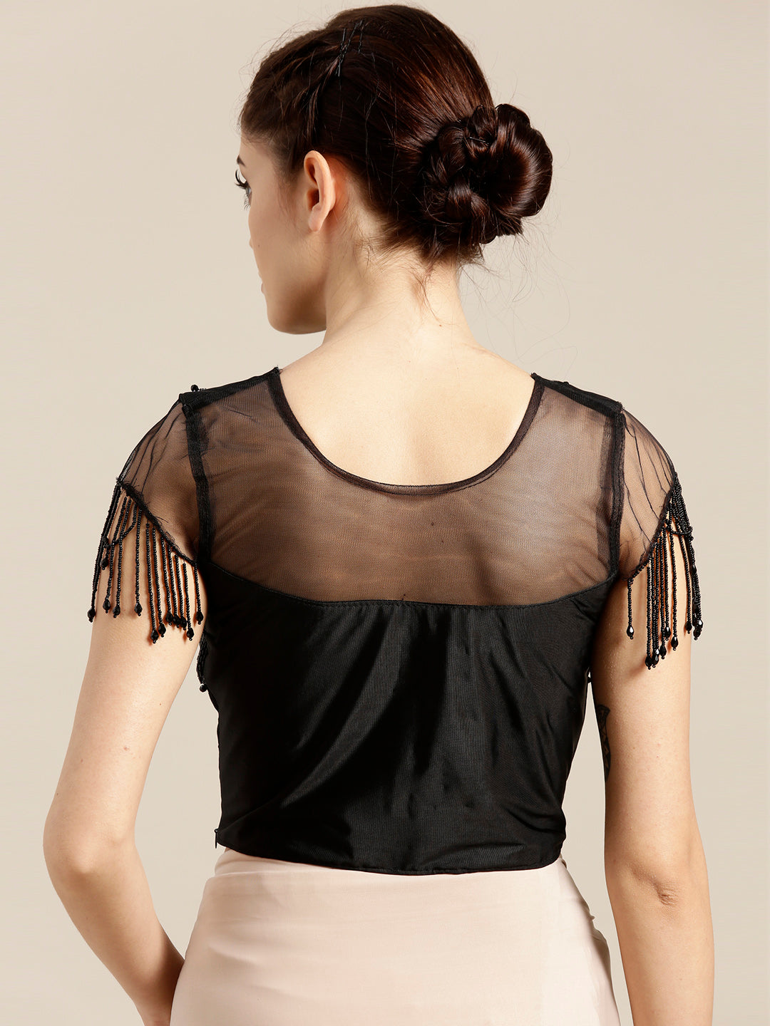 Draped Ruffled Pre-stitched Saree with Tassled Sequin Embellished Blouse