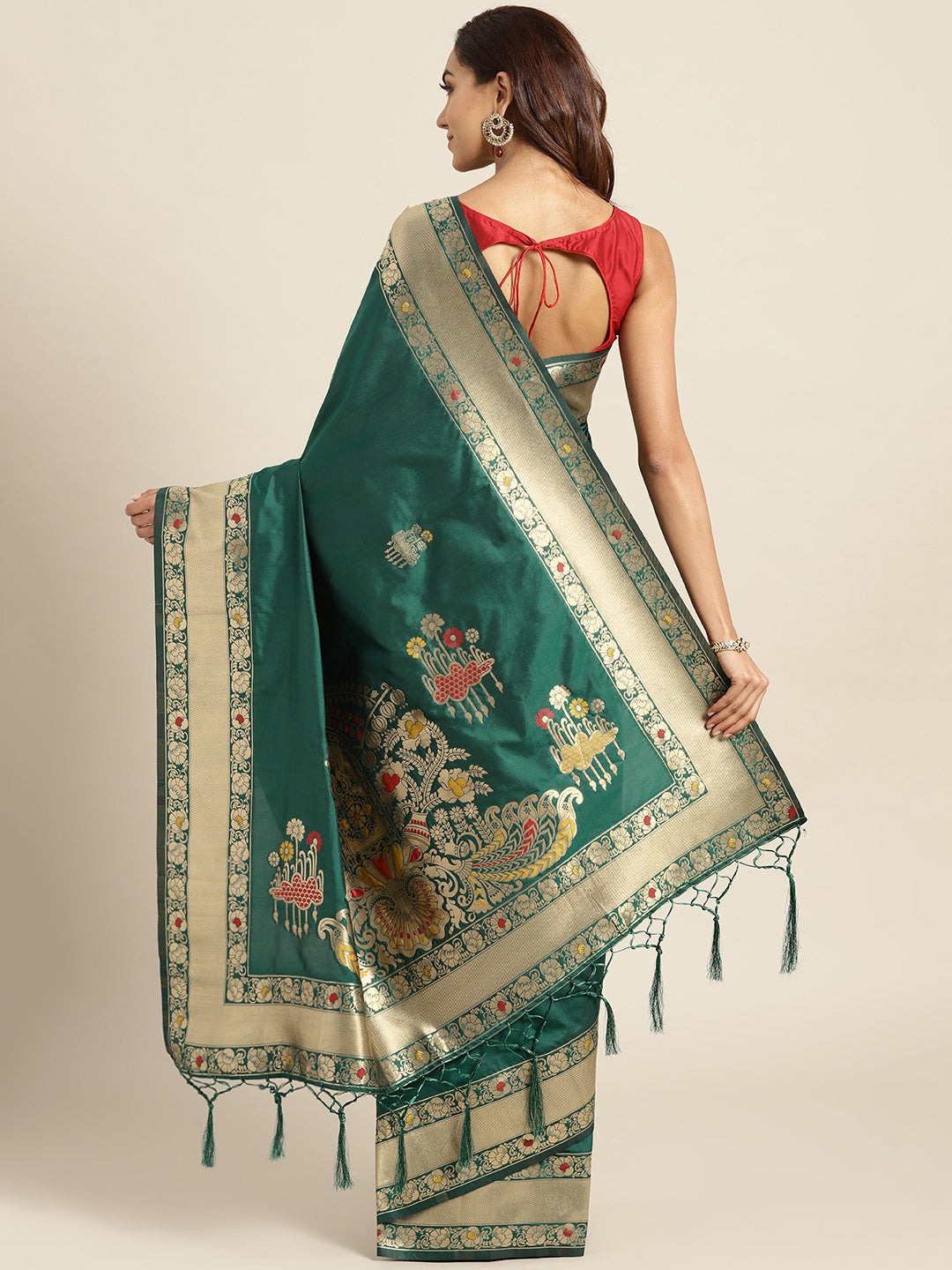 Banarasi Handloom Silk Saree with Floral Meenakari and Jhalar