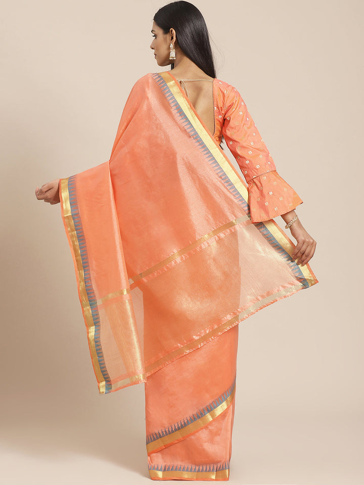 Peach Narayan Peth Handloom Chanderi Saree with Temple Gold Zari & Resham Weaving