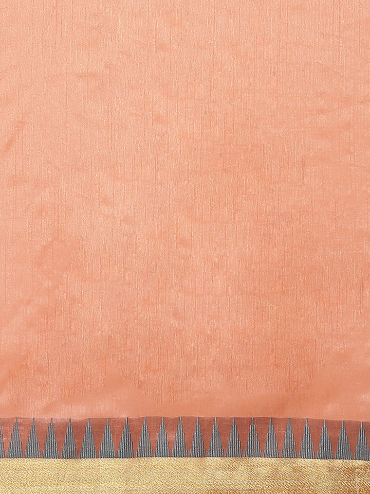 Peach Narayan Peth Handloom Chanderi Saree with Temple Gold Zari & Resham Weaving