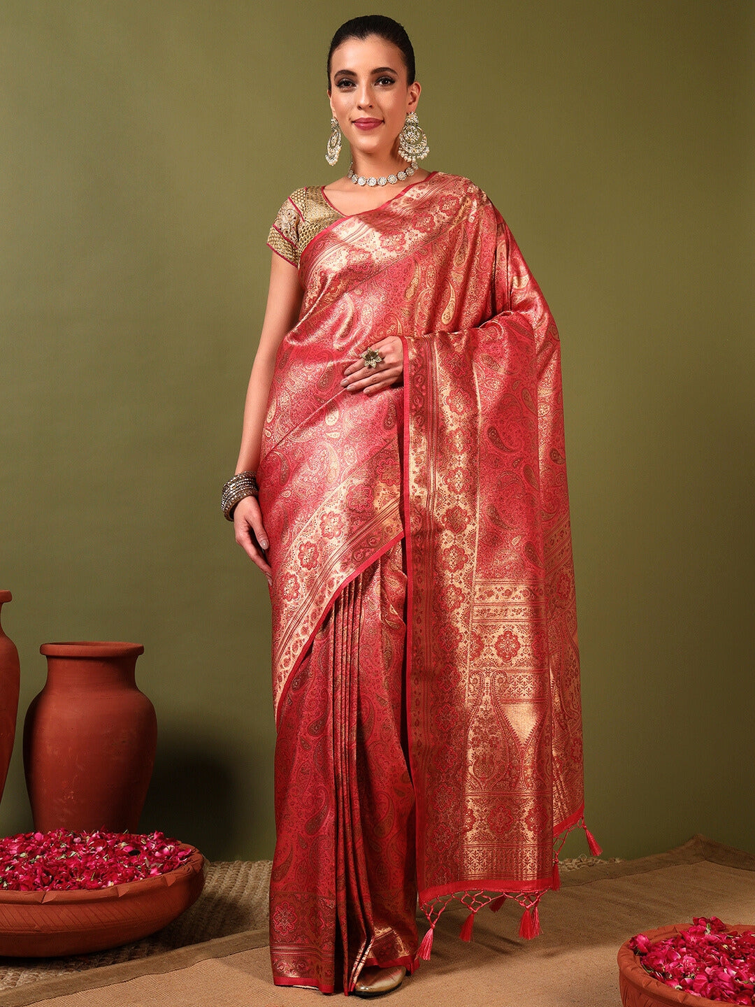 Traditional Bridal Banarasi Handloom Silk Saree with Ethnic Zari Paisley Weaving
