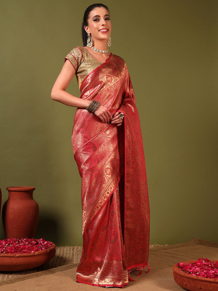 Traditional Bridal Banarasi Handloom Silk Saree with Ethnic Zari Paisley Weaving