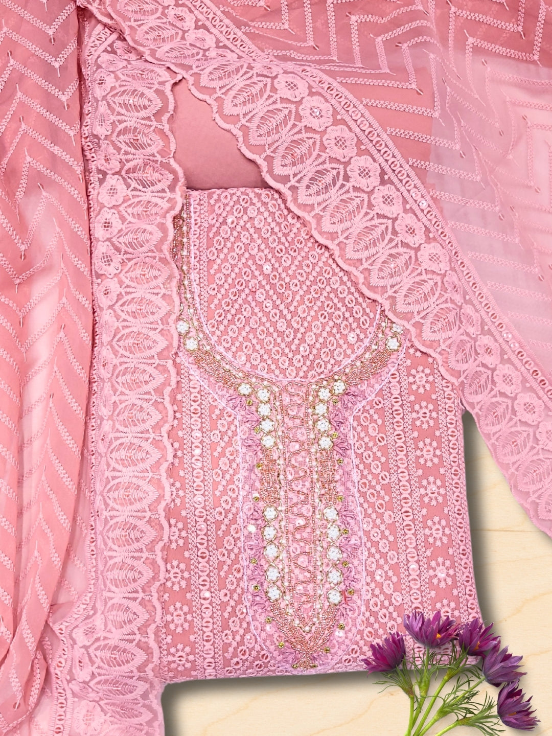 Chhabra 555 Chikankari Schiffli Dress Material with Mirror, Cut-Dana Embroidery & Scalloped Lace