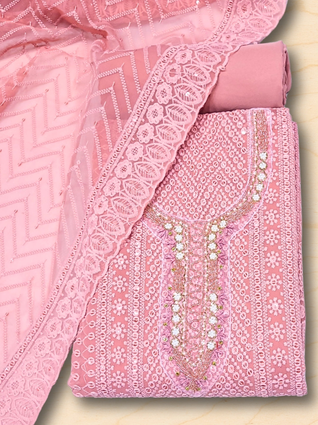 Chikankari Schiffli Dress Material with Mirror, Cut-Dana Embroidery & Scalloped Lace