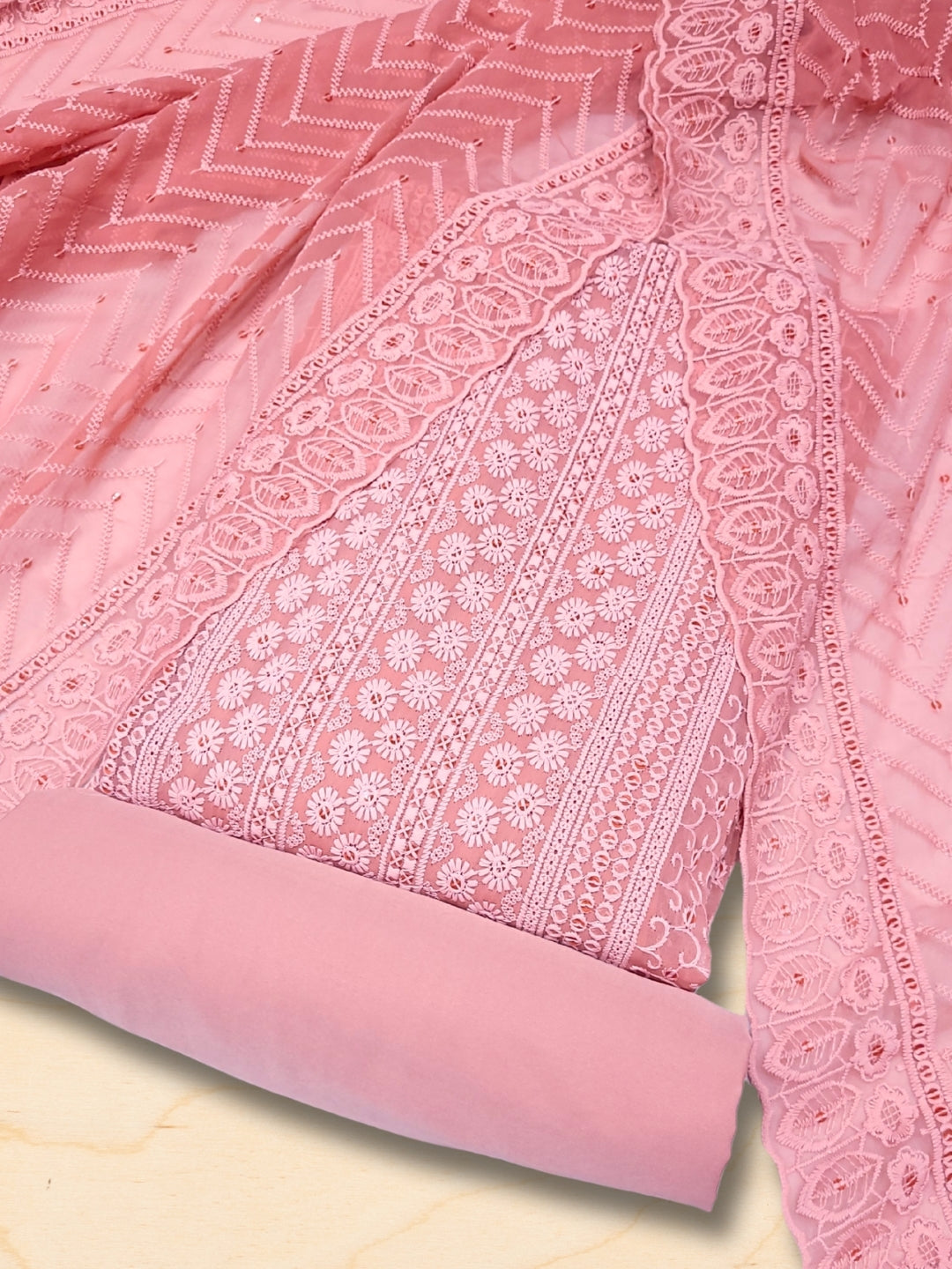 Chikankari Schiffli Dress Material with Mirror, Cut-Dana Embroidery & Scalloped Lace