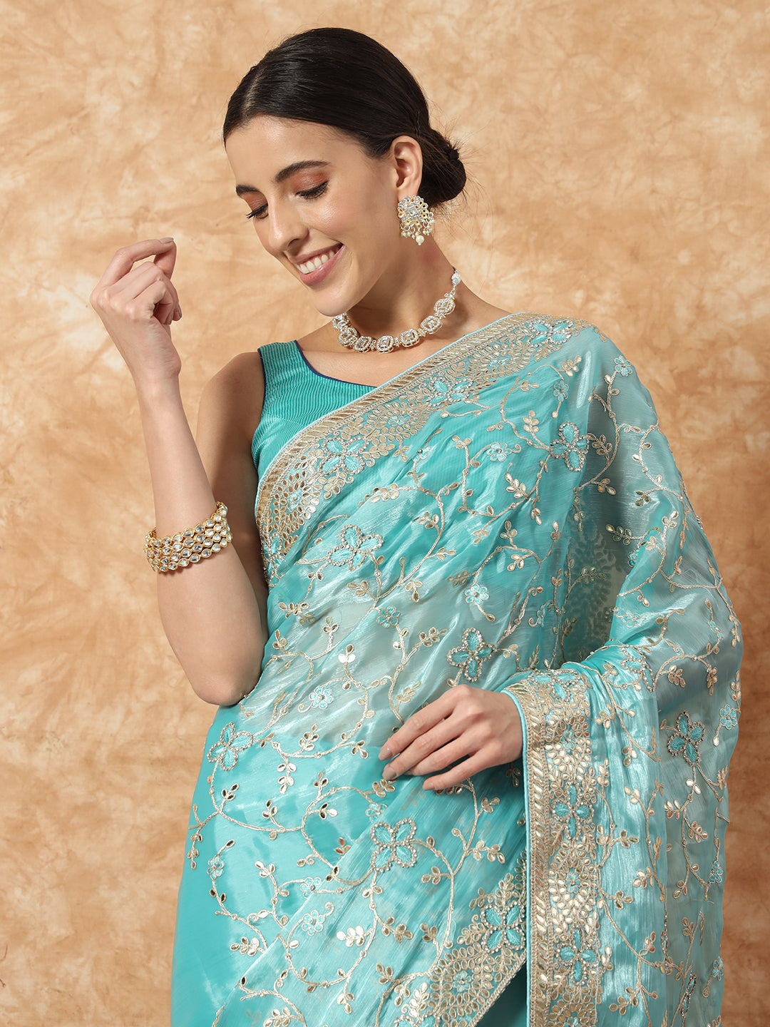 Gota Patti Jaal Embroidered Party wear Tissue Saree