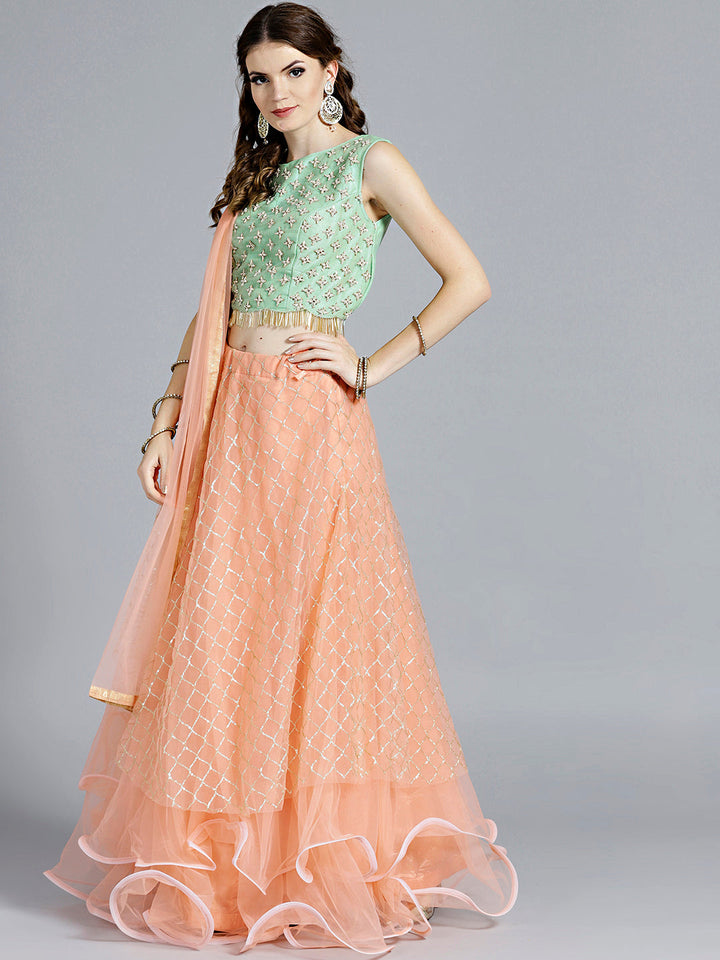 Layered Sequinned Lehenga with Tassles Embroidered Blouse