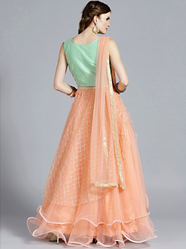 Layered Sequinned Lehenga with Tassles Embroidered Blouse