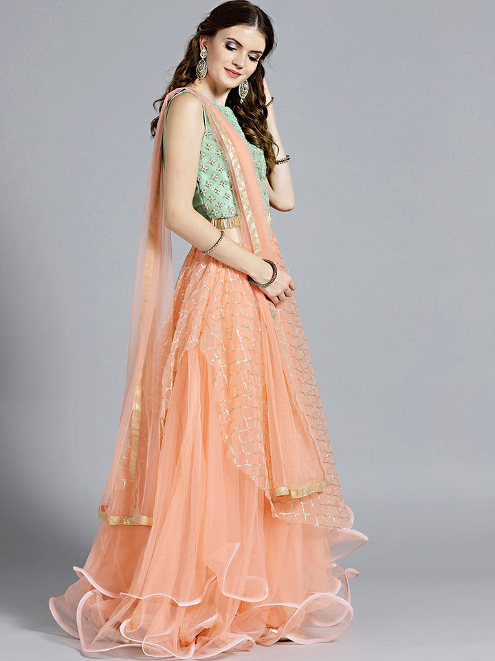 Layered Sequinned Lehenga with Tassles Embroidered Blouse