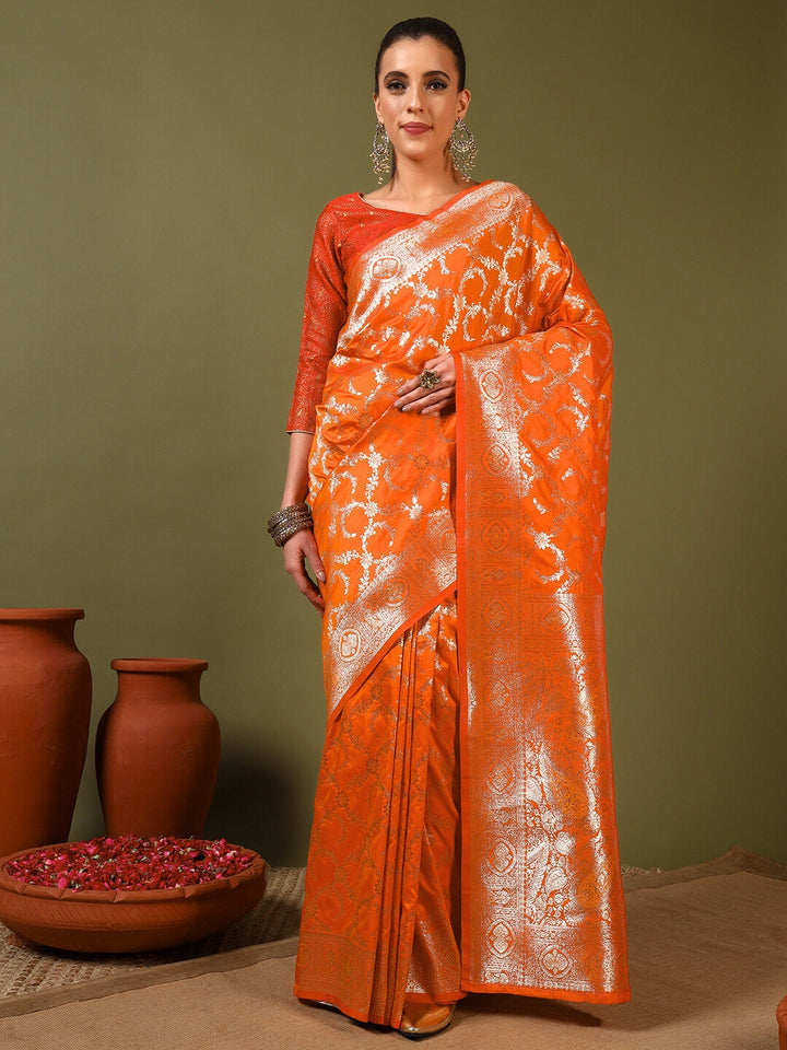 Banarasi Intricate Zari Ethnic Motifs Hand Woven Traditional Handloom Satin Silk Saree