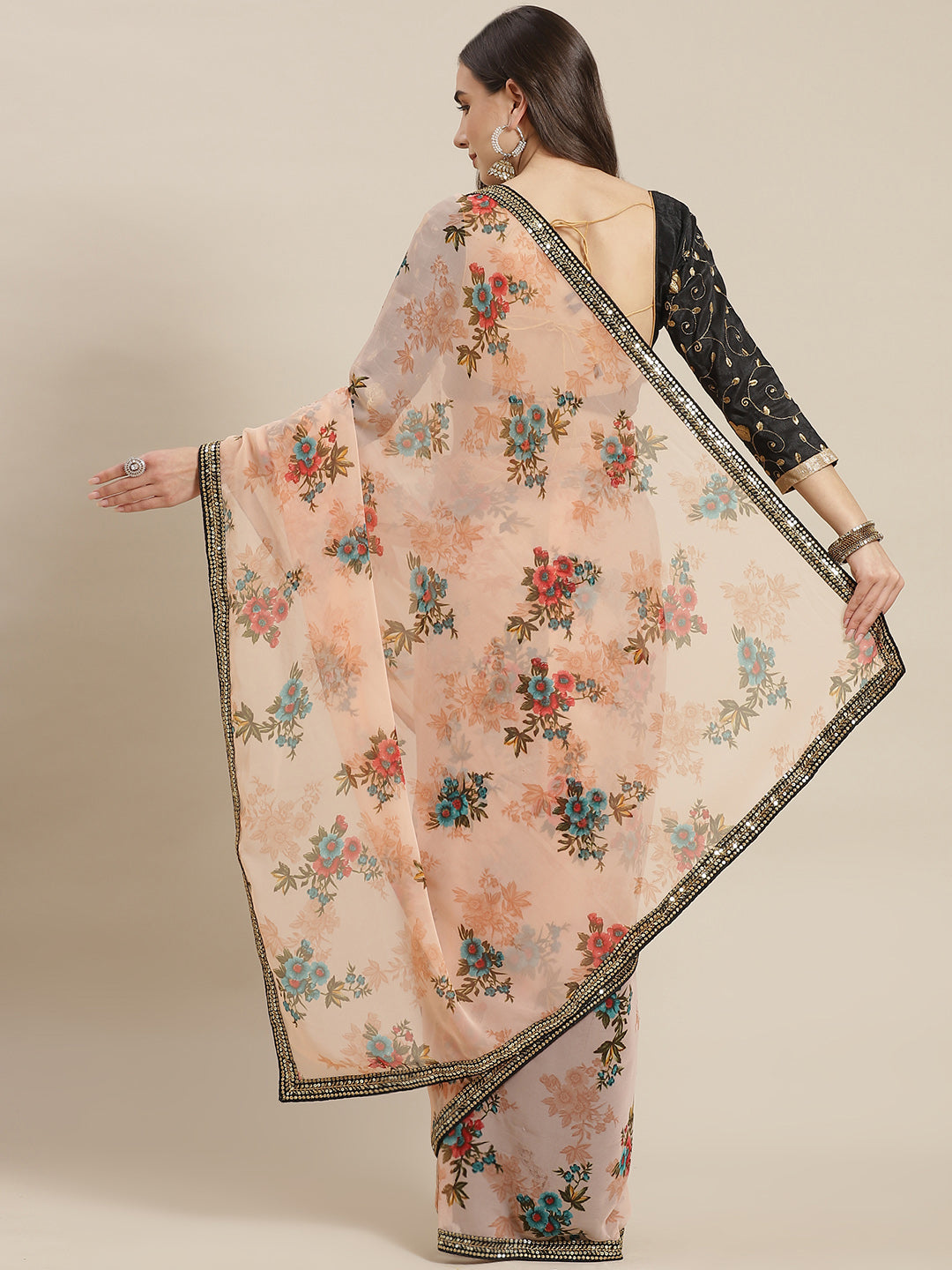 Pastel Peach Georgette Floral Print Saree with Embellished Border