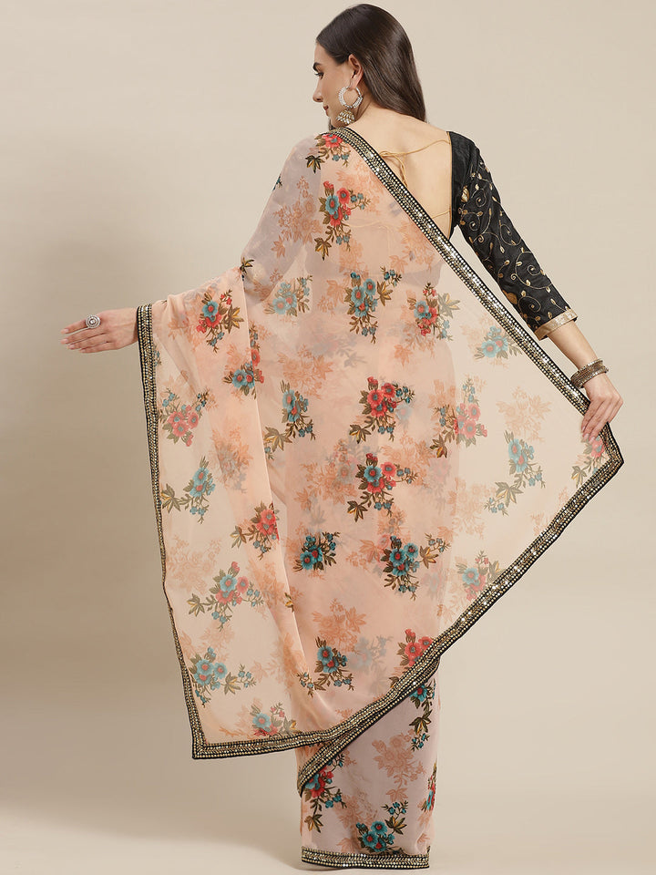 Pastel Peach Georgette Floral Print Saree with Embellished Border