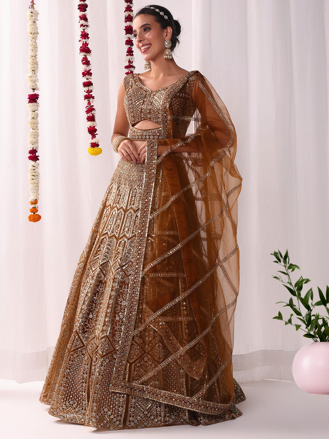 Chhabra 555 Sequin Zari Embroidered Lehenga Set with Stylized Cut-work Choli & Embellished Dupatta