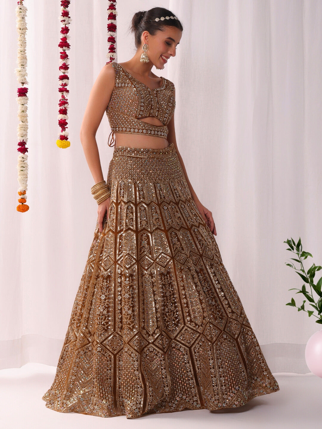 Chhabra 555 Sequin Zari Embroidered Lehenga Set with Stylized Cut-work Choli & Embellished Dupatta