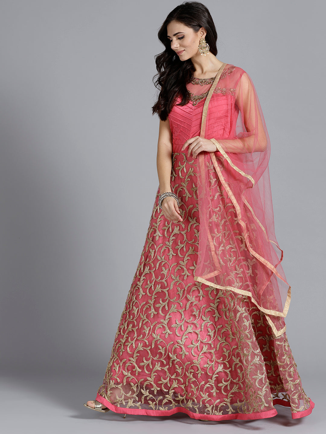Zircon Embellished Gown with Zari Floral Motifs