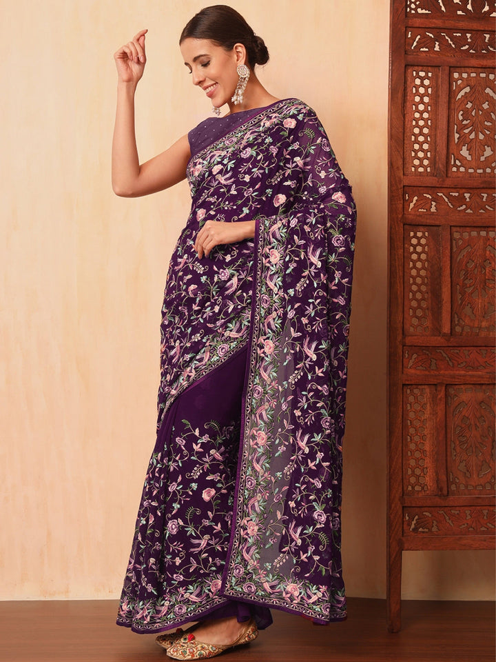 Purple Parsi Resham Embroidery Saree with Intricate Floral Motifs