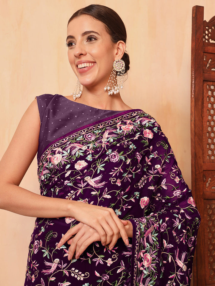 Purple Parsi Resham Embroidery Saree with Intricate Floral Motifs