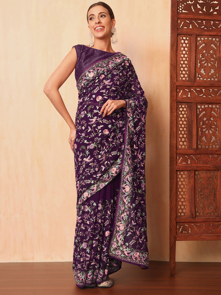 Purple Parsi Resham Embroidery Saree with Intricate Floral Motifs