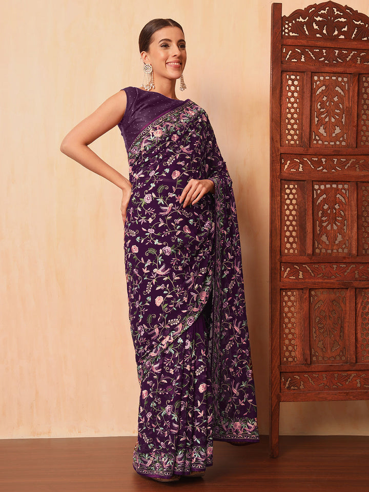Purple Parsi Resham Embroidery Saree with Intricate Floral Motifs