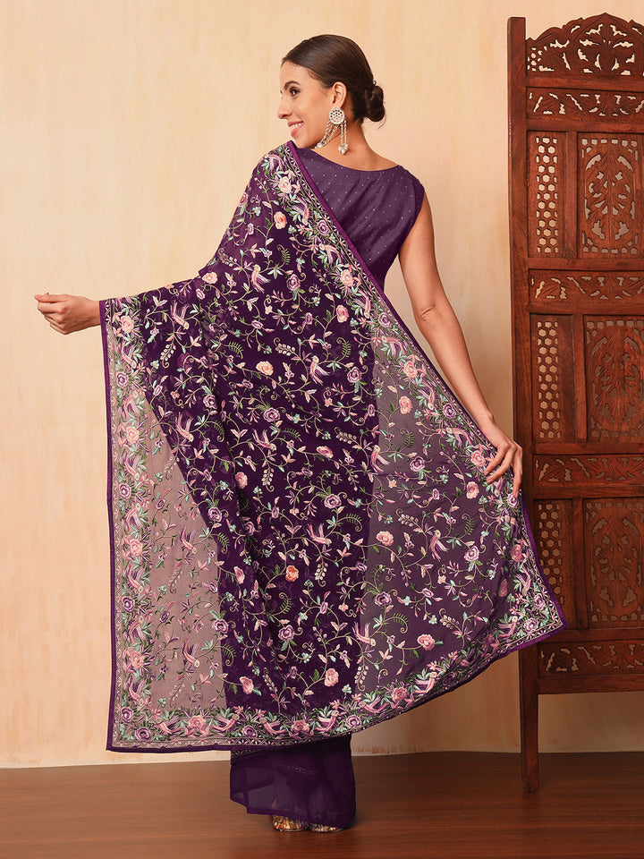 Purple Parsi Resham Embroidery Saree with Intricate Floral Motifs