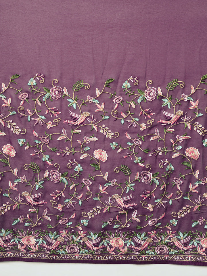 Purple Parsi Resham Embroidery Saree with Intricate Floral Motifs