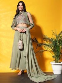 Olive Green Embroidered Crop Top Set