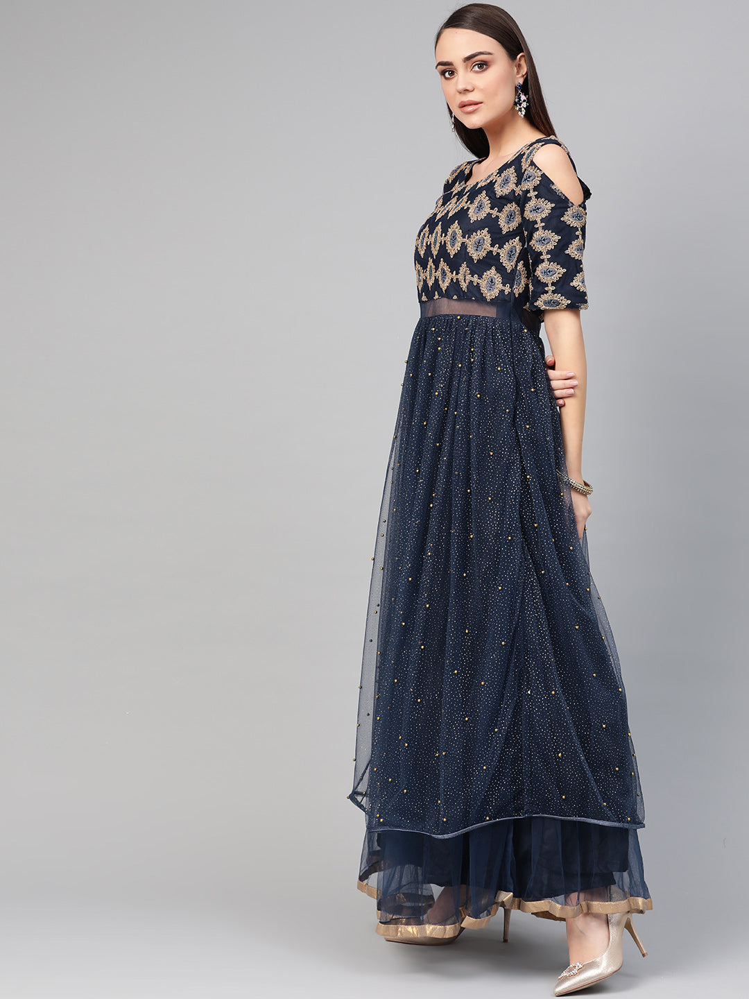 Embroidered Cocktail Gown with Shimmer Floral Foil Print