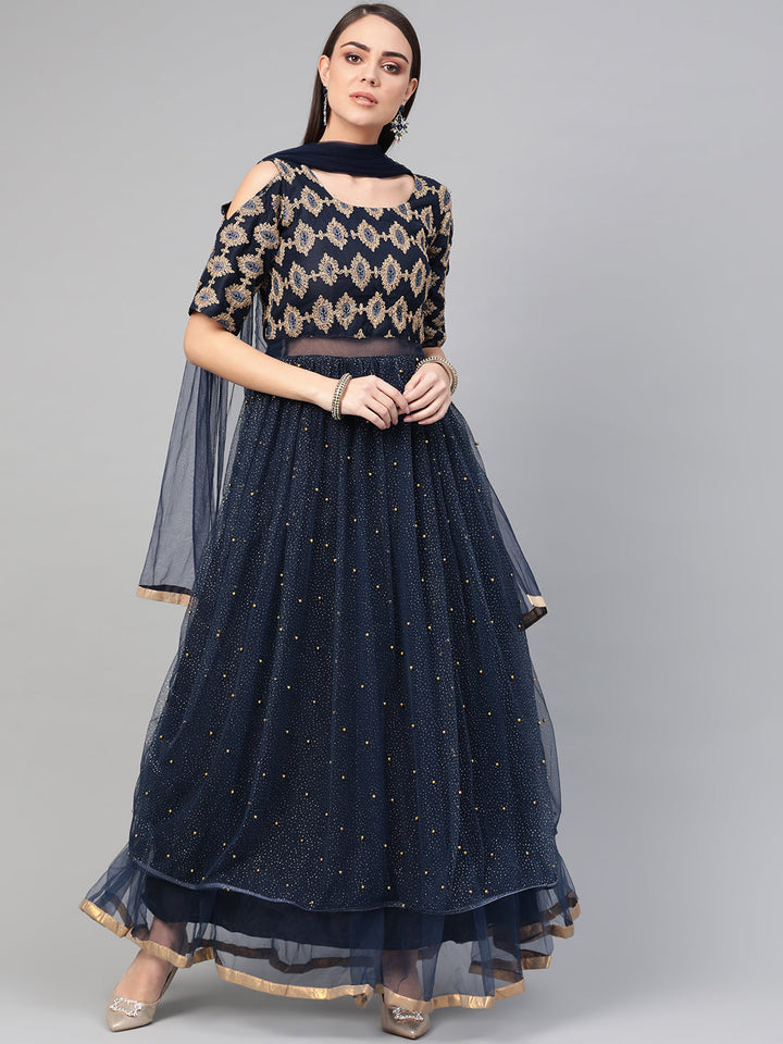 Embroidered Cocktail Gown with Shimmer Floral Foil Print
