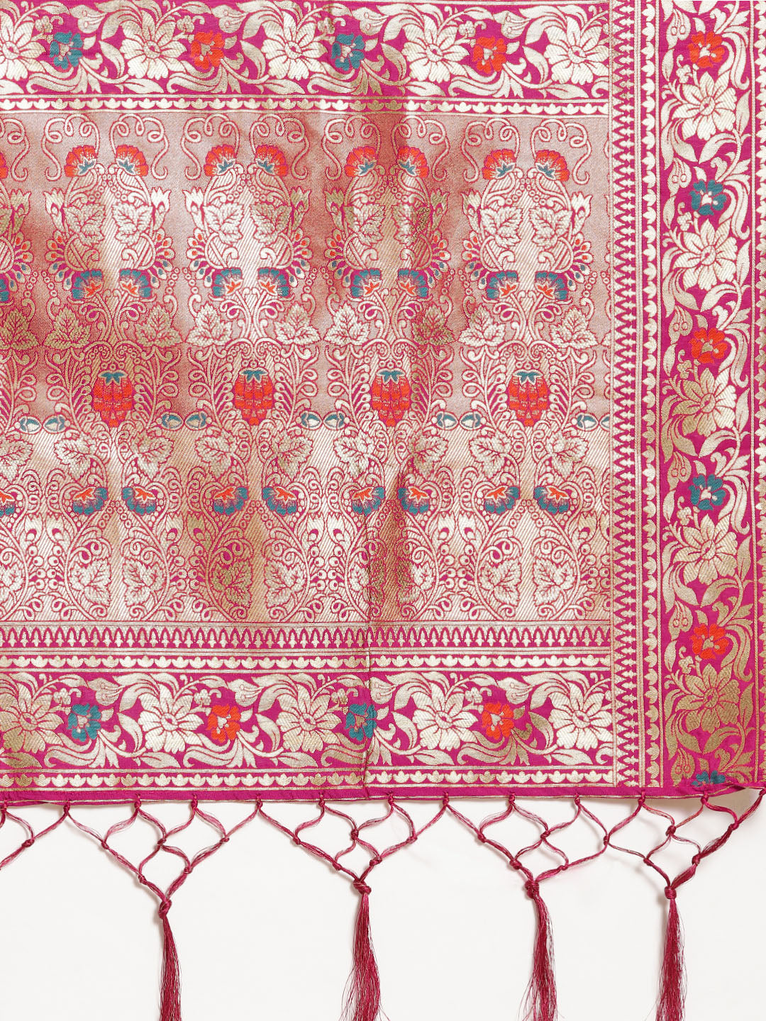 Banarasi Handloom Silk Saree with Floral Meenakari and Jhalar