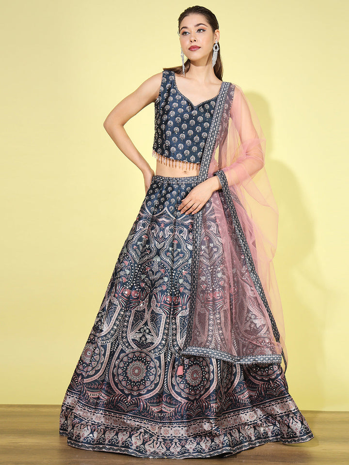 Kalamkari Inspired Digital Print Silk Lehenga Choli with Dupatta