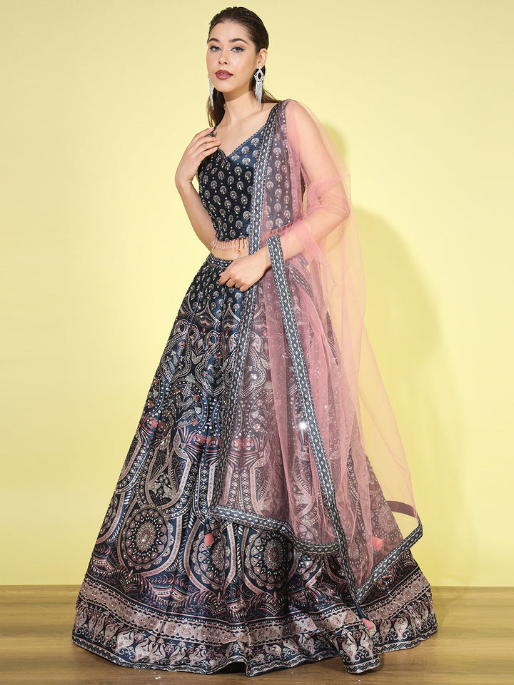 Kalamkari Inspired Digital Print Silk Lehenga Choli with Dupatta