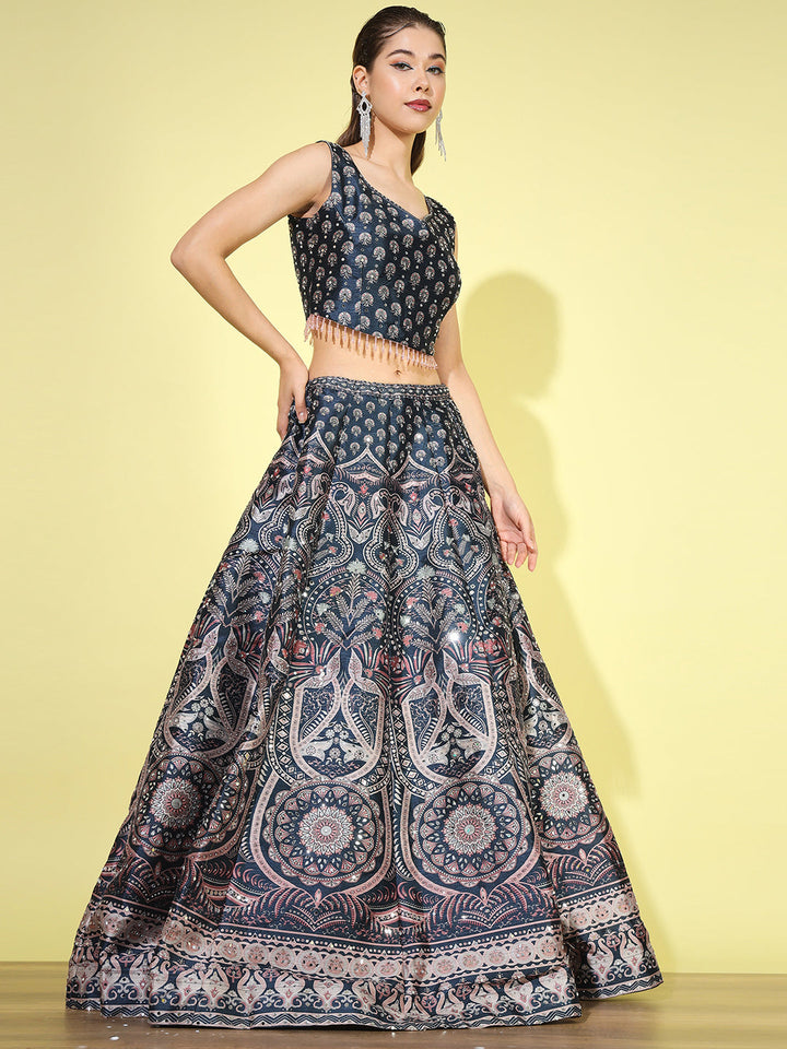 Kalamkari Inspired Digital Print Silk Lehenga Choli with Dupatta