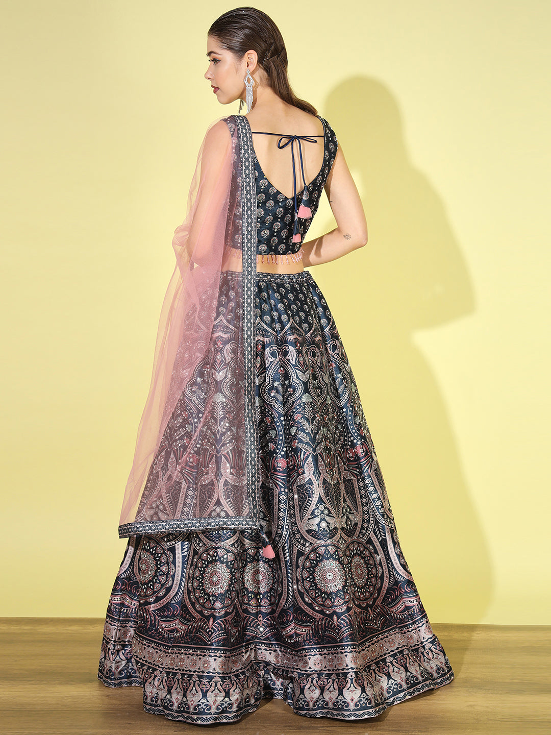 Kalamkari Inspired Digital Print Silk Lehenga Choli with Dupatta