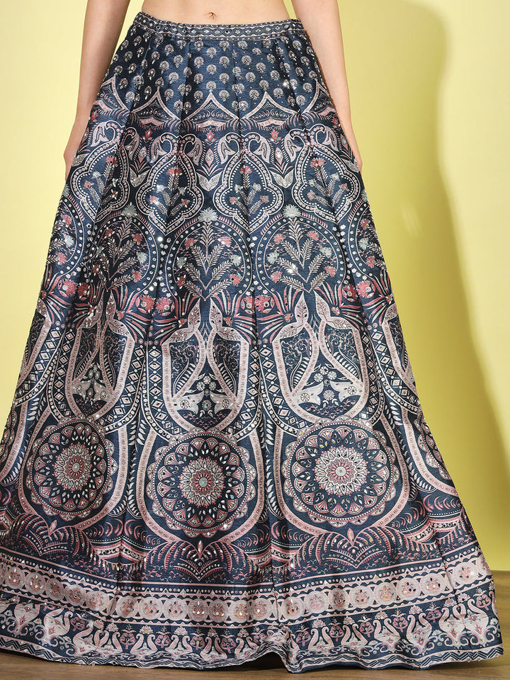 Kalamkari Inspired Digital Print Silk Lehenga Choli with Dupatta