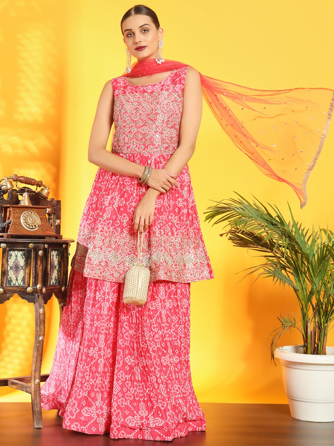 Chhabra 555 Bandhani Print Pleated Lehenga with Peplum Embroidered Kurta & Sequinned Dupatta