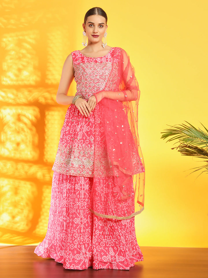 Chhabra 555 Bandhani Print Pleated Lehenga with Peplum Embroidered Kurta & Sequinned Dupatta