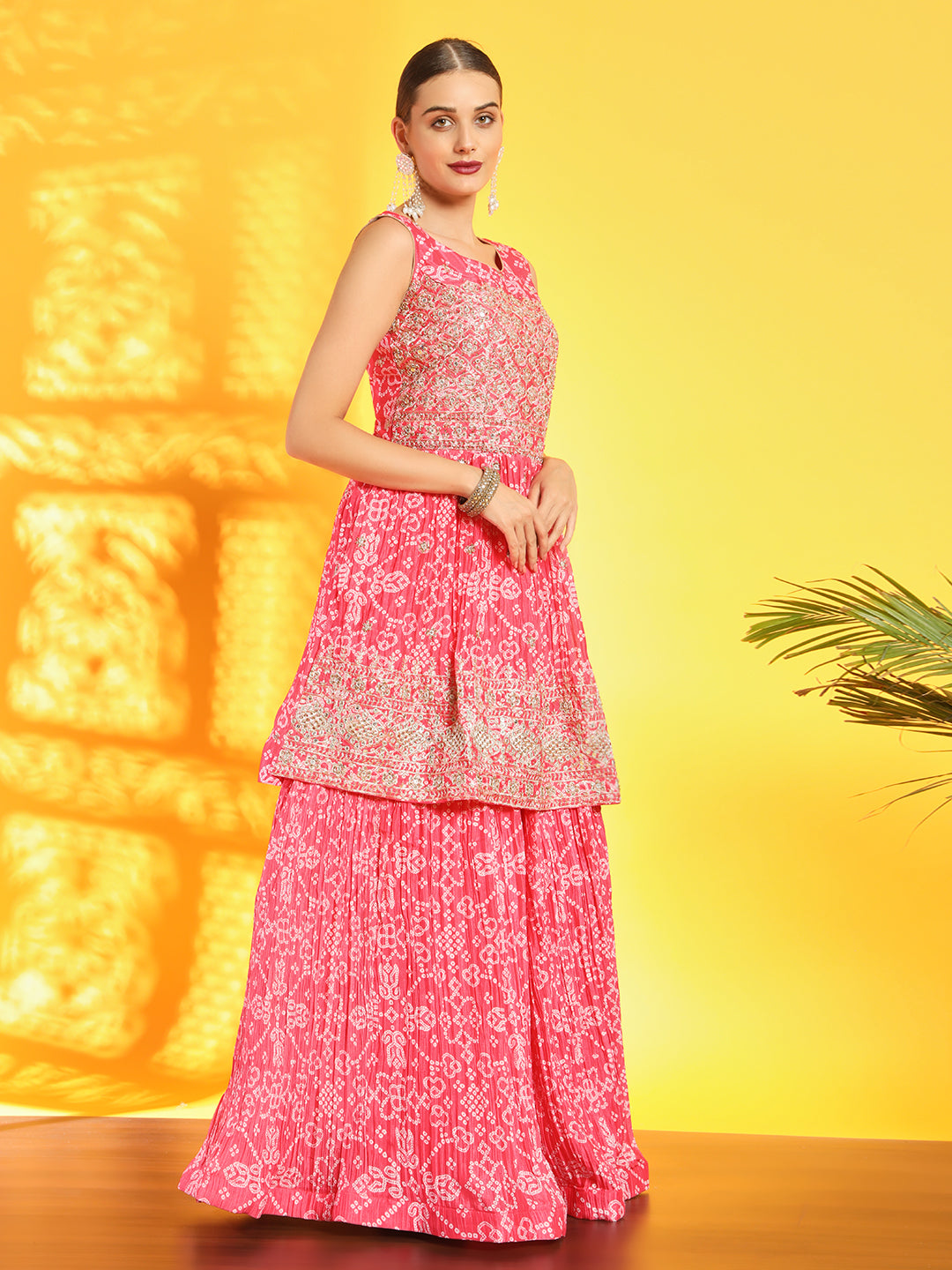 Chhabra 555 Bandhani Print Pleated Lehenga with Peplum Embroidered Kurta & Sequinned Dupatta
