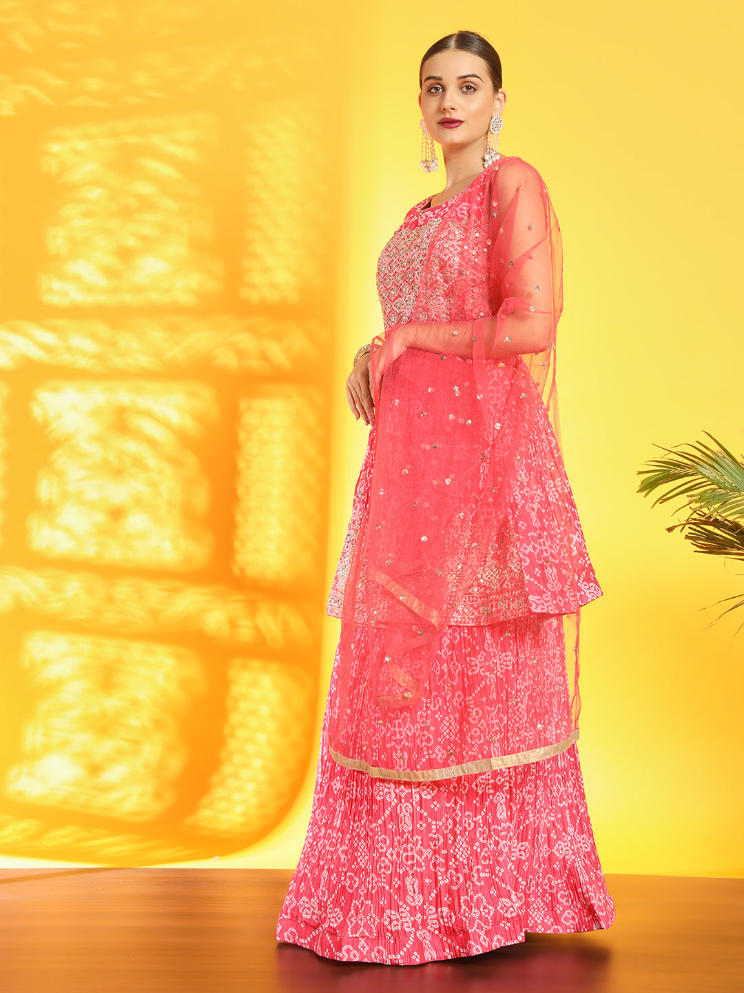 Chhabra 555 Bandhani Print Pleated Lehenga with Peplum Embroidered Kurta & Sequinned Dupatta
