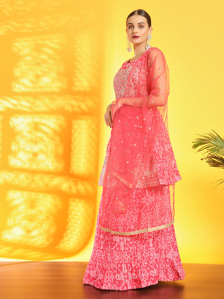 Chhabra 555 Bandhani Print Pleated Lehenga with Peplum Embroidered Kurta & Sequinned Dupatta