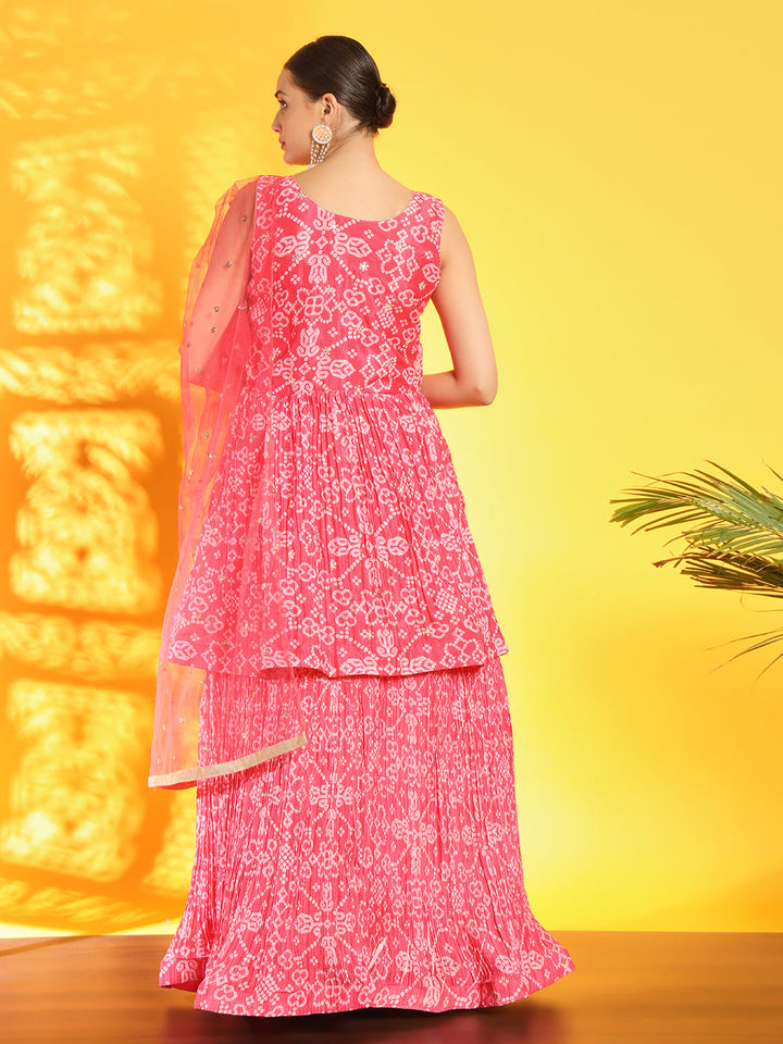 Chhabra 555 Bandhani Print Pleated Lehenga with Peplum Embroidered Kurta & Sequinned Dupatta