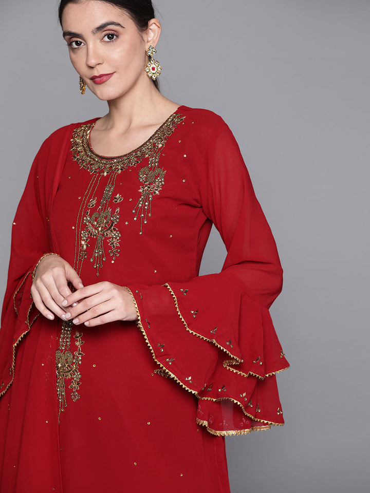 Bridal Maroon Cutdana & Stones Embellished Kurta Palazzo Dupatta Set