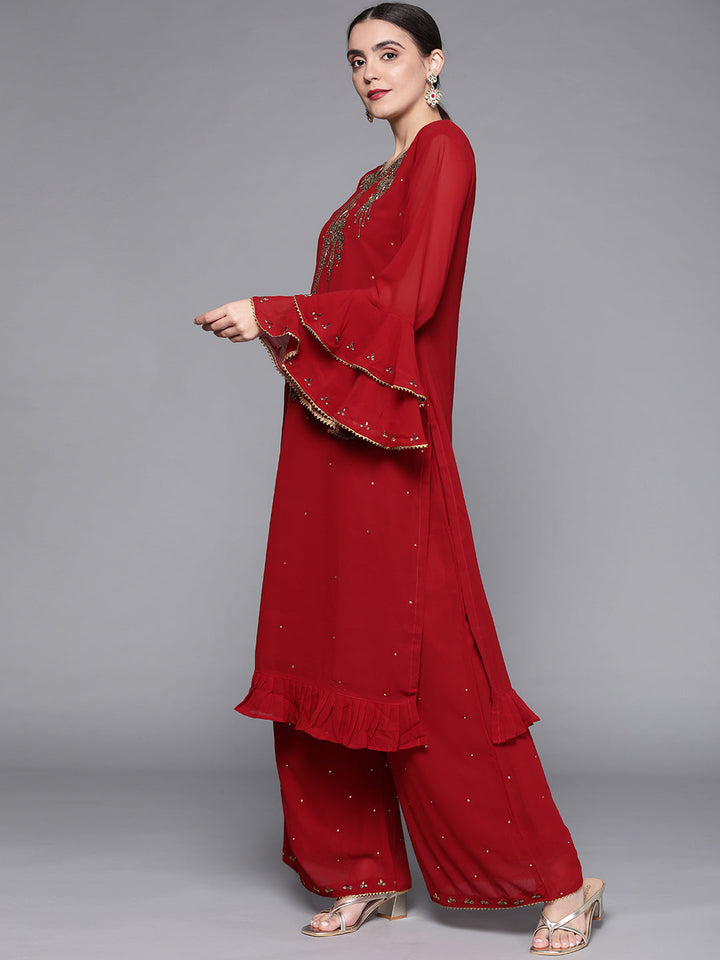 Bridal Maroon Cutdana & Stones Embellished Kurta Palazzo Dupatta Set