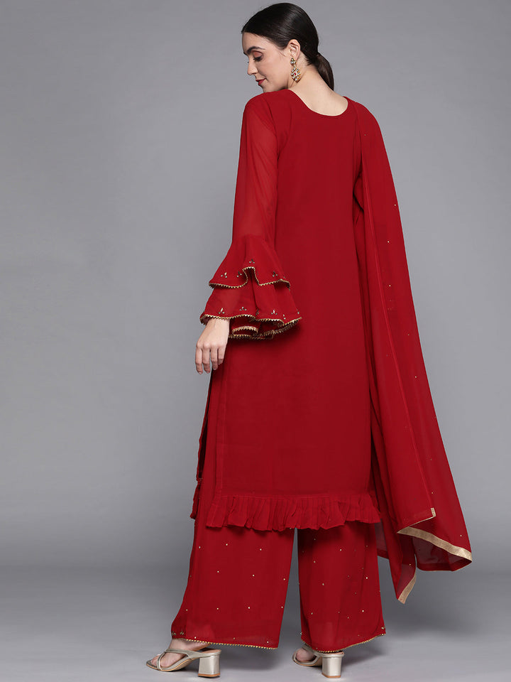 Bridal Maroon Cutdana & Stones Embellished Kurta Palazzo Dupatta Set