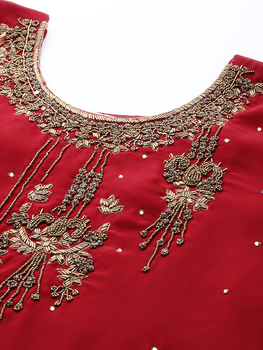 Bridal Maroon Cutdana & Stones Embellished Kurta Palazzo Dupatta Set
