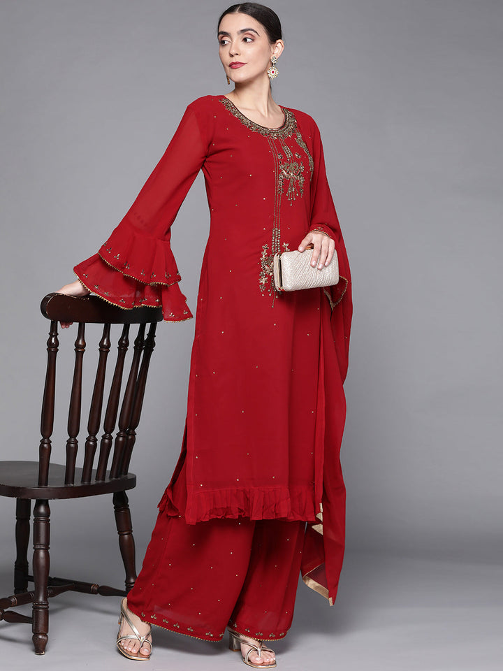 Bridal Maroon Cutdana & Stones Embellished Kurta Palazzo Dupatta Set