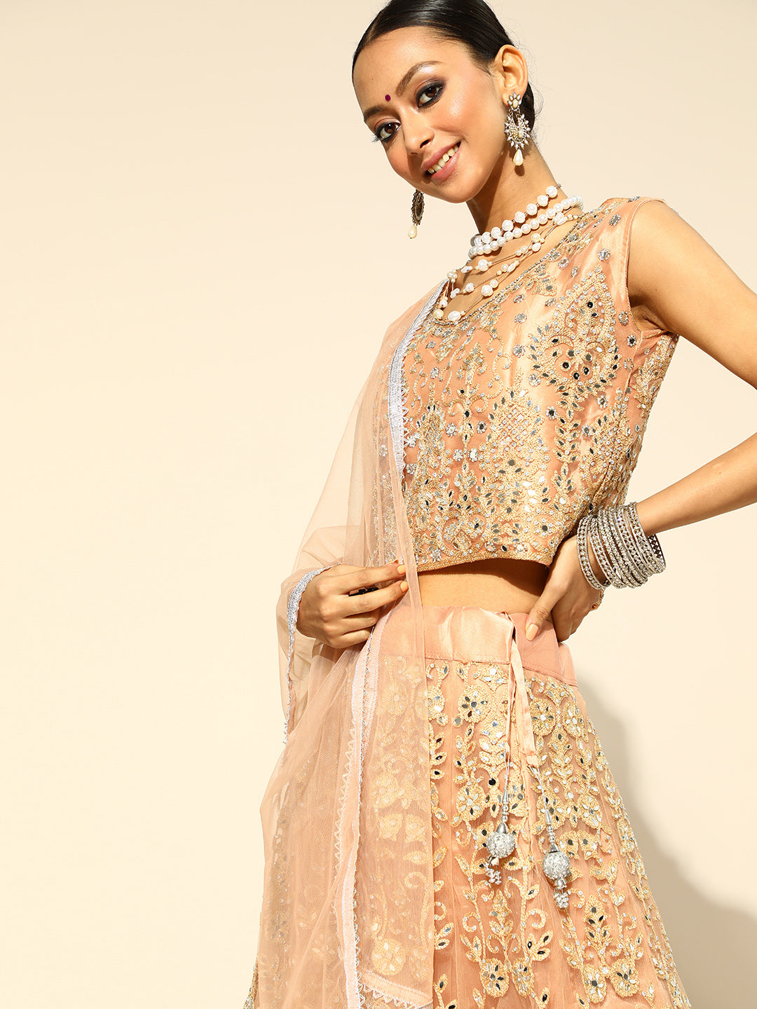 Peach Kalidar Lehanga Choli With Mirror & Zari Work