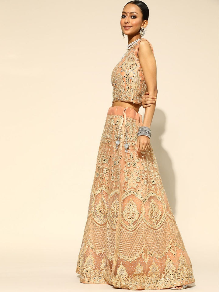 Peach Kalidar Lehanga Choli With Mirror & Zari Work
