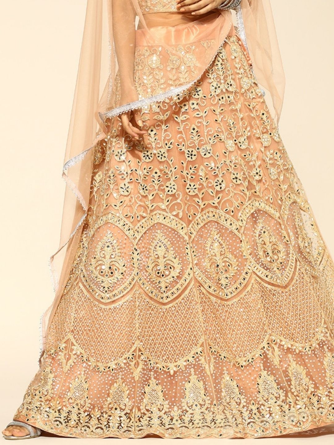 Peach Kalidar Lehanga Choli With Mirror & Zari Work