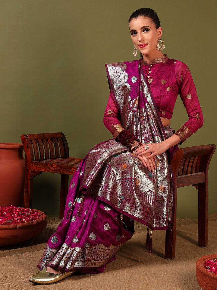 Chhabra 555 Ethnic Handloom Banarasi Brocade Silk Saree with Gold Zari Meenakari Paisley Weaving