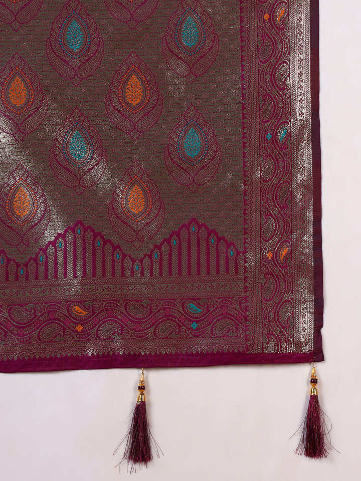 Ethnic Handloom Banarasi Brocade Silk Saree with Gold Zari Meenakari Paisley Weaving